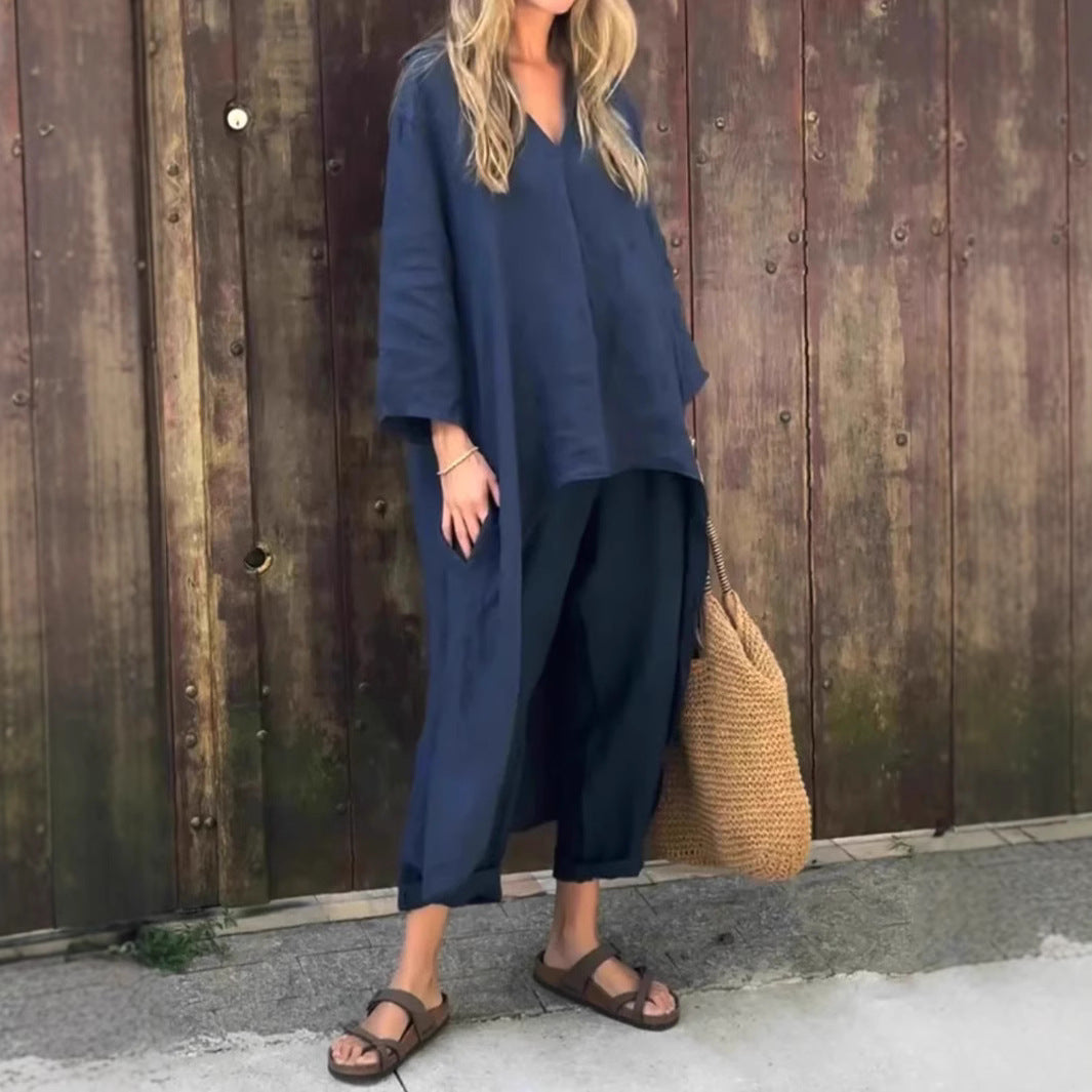 Ensemble 2 pièces - Haut long col en V + Pantalon large avec poches