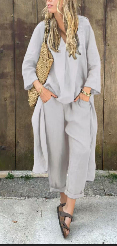 Ensemble 2 pièces - Haut long col en V + Pantalon large avec poches