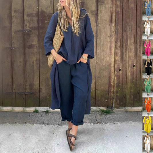 Ensemble 2 pièces - Haut long col en V + Pantalon large avec poches