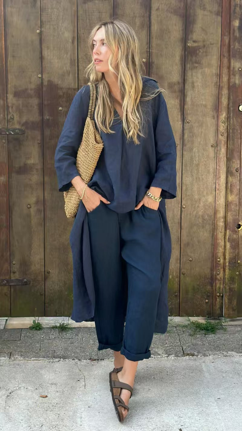 Ensemble 2 pièces - Haut long col en V + Pantalon large avec poches