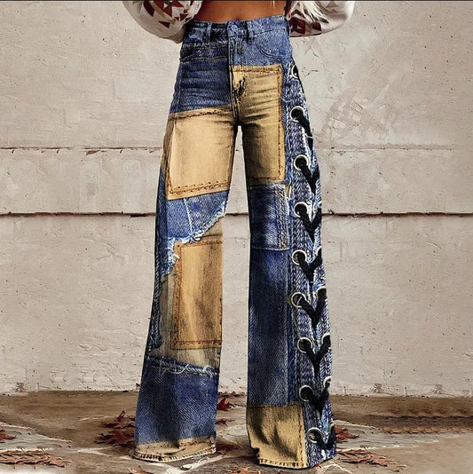 Pantalon Large Taille Haute Motif Patchwork