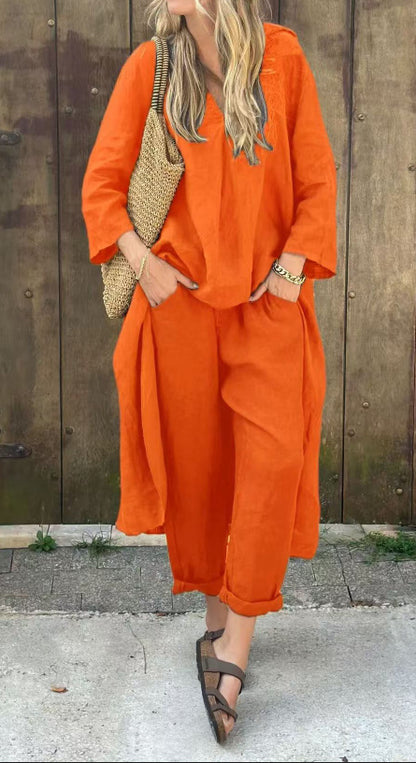 Ensemble 2 pièces - Haut long col en V + Pantalon large avec poches