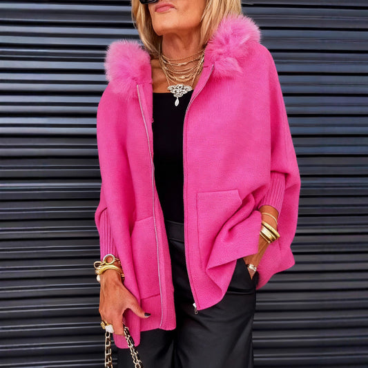 Veste Unie avec Col en Fourrure