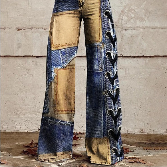 Pantalon Large Taille Haute Motif Patchwork