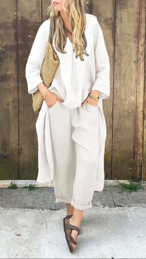 Ensemble 2 pièces - Haut long col en V + Pantalon large avec poches