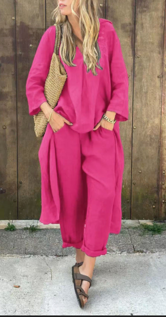 Ensemble 2 pièces - Haut long col en V + Pantalon large avec poches