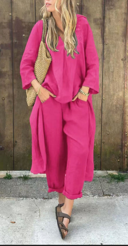 Ensemble 2 pièces - Haut long col en V + Pantalon large avec poches